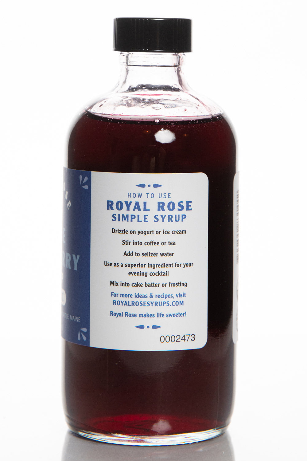 Royal Rose Maine Blueberry Syrup 8oz Side View of Label