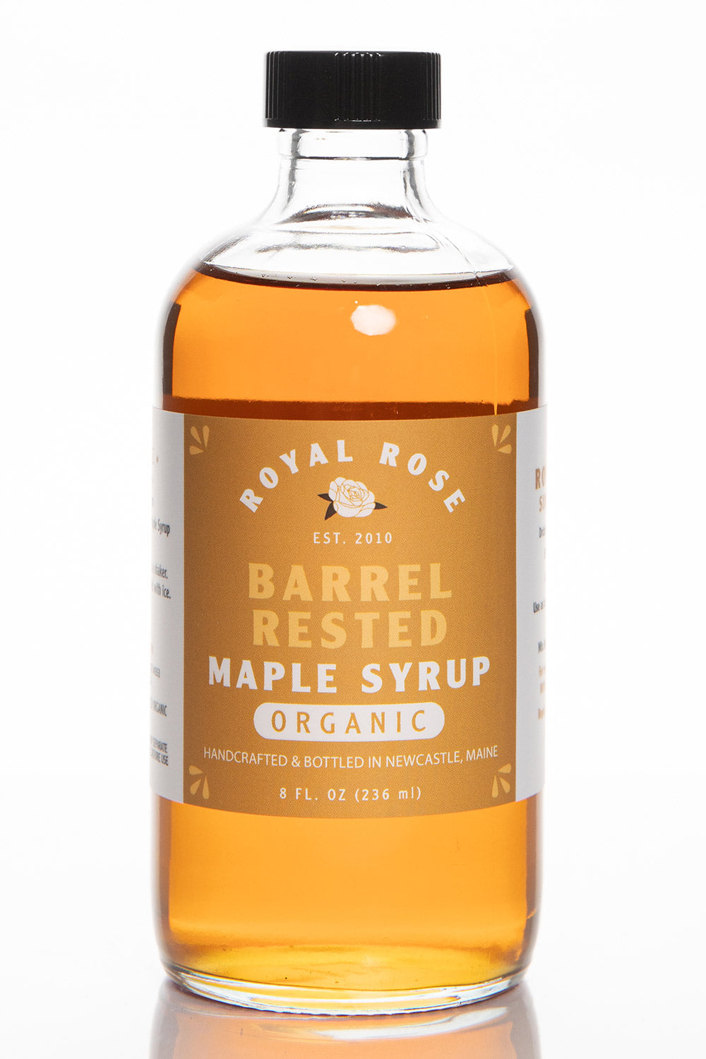 Royal Rose Barrel Rested Maple Syrup 8oz Front View of Label