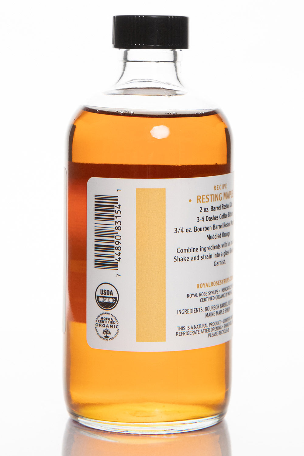 Royal Rose Barrel Rested Maple Syrup 8oz Side View of Label