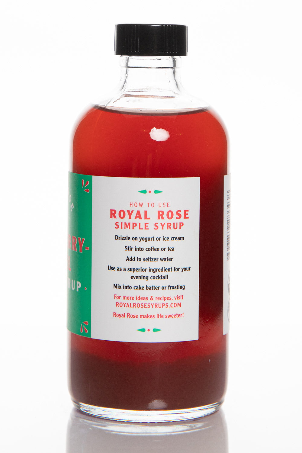 A bottle of Strawberry Fennel Simple Syrup 8oz bottle side view. 